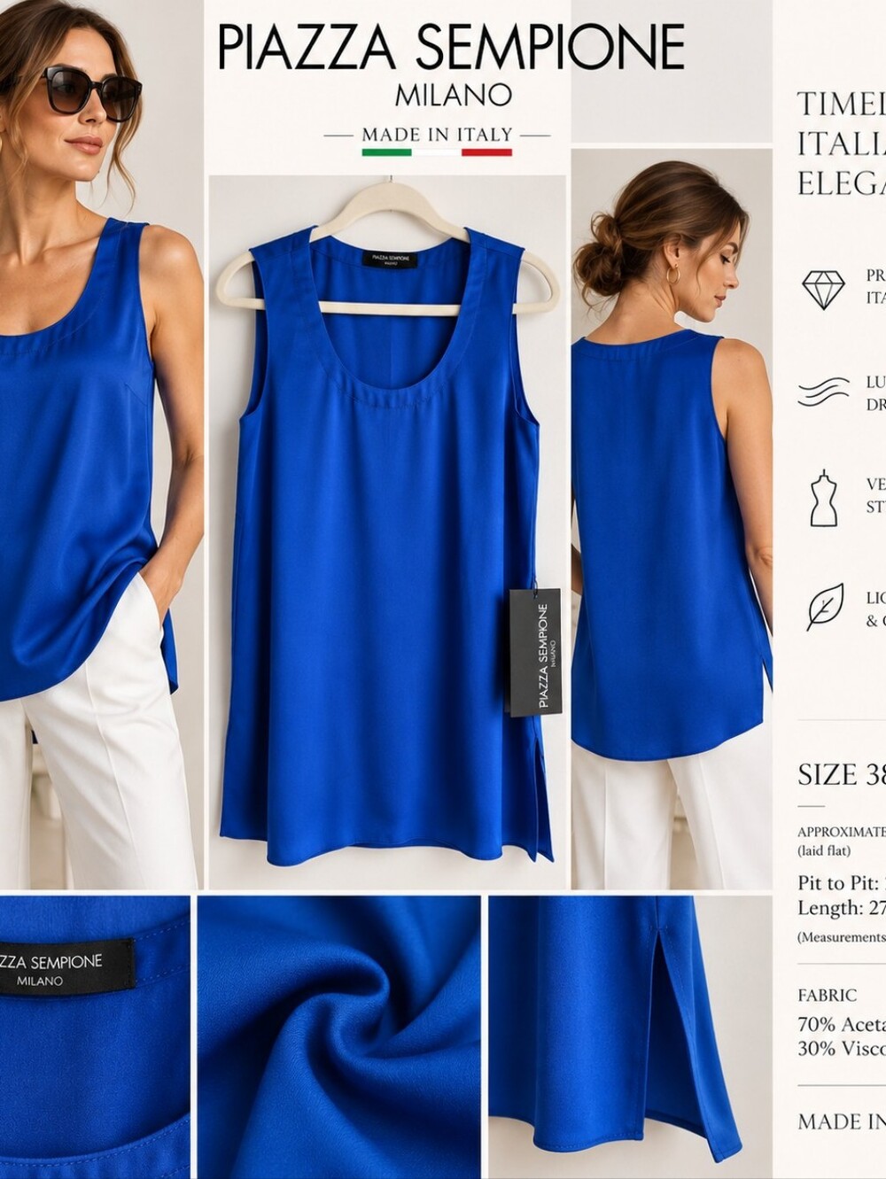 Piazza Sempione Milano Women's Blue Sleeveless Top Blouse Made in Italy NWT 38